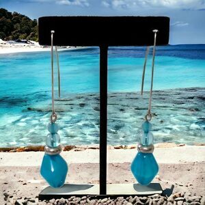 French‎ Wire Aqua Bead Earrings Dangle Drop Ocean Beach Turquoise Silver Tone